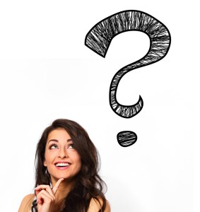 Thoughtful woman with question mark, representing doubt or questioning