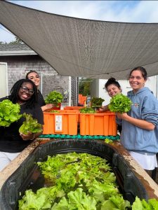 Community members at an outdoor event with fresh produce and food displayed on tables